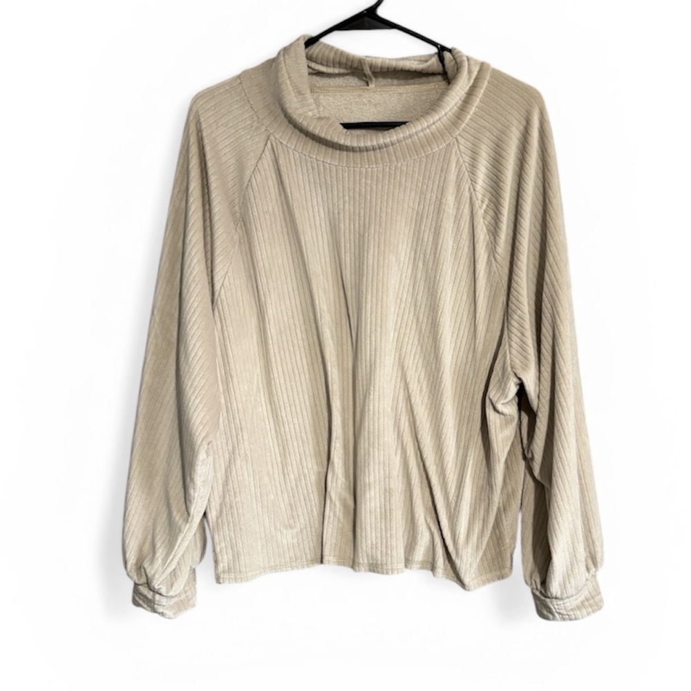 Hello Nite Women's Cream Ribbed Funnel Neck Sweater